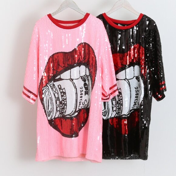 Dollar Lips Sequin T-Shirt Dress - Picture 4 of 4